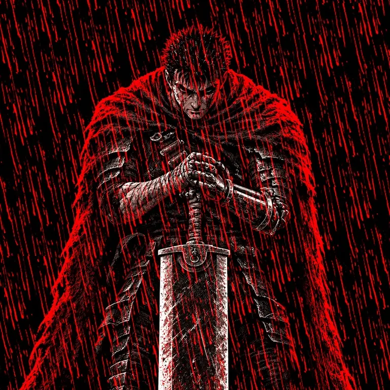 Guts in the red rain, alternating between his human form and Berserker Armor.